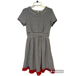 Alya A Line Dress Womens Medium Ruffle Hem Pleaded Gem Neck Red White Blue USA M